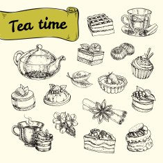 set of illustrations with tea and a variety desserts N2