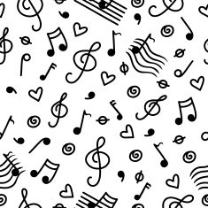 Musical seamless pattern with hearts in black and white