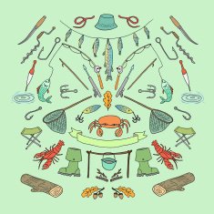 Fishing stuff in doodle style Hand drawn illustration Isolated N3