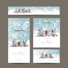 Merry christmas set postcards with cityscape background