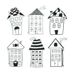 Set sketch black and white outline houses in cartoon style N4