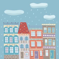 Cute cartoon vector hand drawn town rainy cloudy autumn day