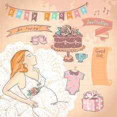 Graphic set with pregnant woman and baby shower elements