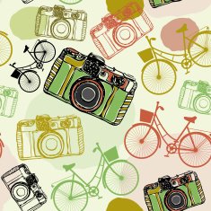 Vintage film camera and bicycles vector seamless pattern pastel colors