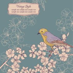 vintage card with cherry blossoms and bird N2
