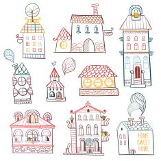 set of outline hand drawn buildings N2