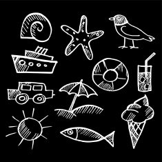 Set of summer doodles black isolated vector sketches