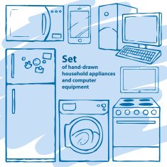 Set of hand-drawn household appliances and computer equipment