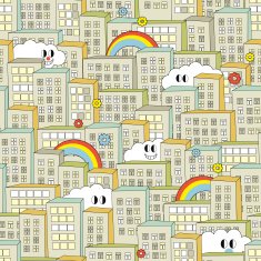 Rainbow in the city seamless pattern