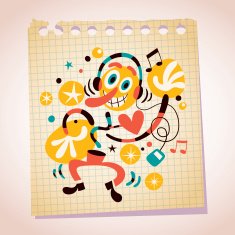 Abstract music fan with headphones note paper cartoon illustration