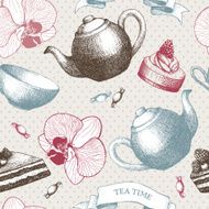 Hand drawn sweet cakes candies ice cream and teapot background