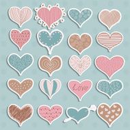 Valentine&#039;s Day Hearts Retro Sketchy Doodles on stickers vector