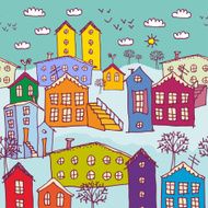 Urban winter landscape seamless pattern Sketch orange blue p