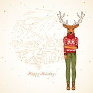 Winter card Fashion deer in the village N2