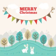 Christmas greeting card Winter forest holiday garland rabbits