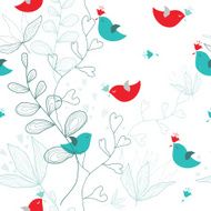 Hand drawn holidays card with love birds and flowers