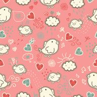 seamless pattern with cartoon birds hearts and clouds