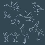 Chalk drawn baby and stork line doodles