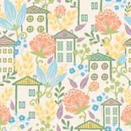 Houses among flowers seamless pattern