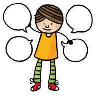 Person with four speech bubbles holding two of them