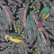 Birds with feathers and flowers Seamless Background Hand drawn