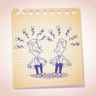 Two penniless businessman note paper cartoon sketch