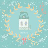 Sweet home illustration with a wreath and cute house N12