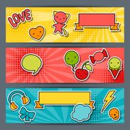 Horizontal banners with sticker kawaii doodles N2