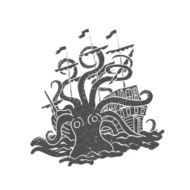 Octopus with boat Vintage Rubber stamp