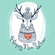 Hand drawn vector illustration with cute deer Happy New Year