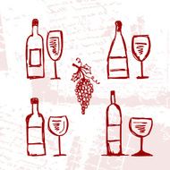 Sketch of bottles and wine glasses on grunge background