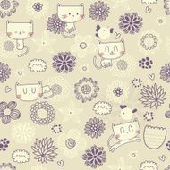 Vector cute seamless floral pattern with funny cats and birds N2