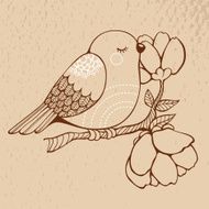 Cute bird sitting on a blooming branch of tree