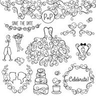 Hand Drawn Doodle Wedding Vector Set with Dress and Monogram