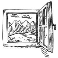 Open Window Mountain Landscape Drawing