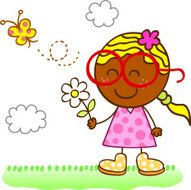 happy girl with flower and butterfly cartoon illustration N2