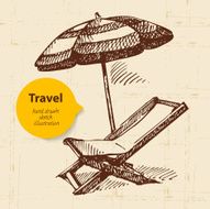 Vintage travel background with beach armchair and umbrella