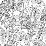 Parrots and tropical flowers Vector seamless pattern N3