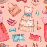 Seamless pattern with watercolor dresses and accessories