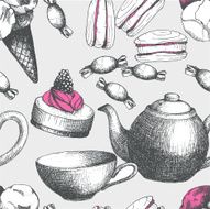 Hand drawn sweet cakes candies ice cream and teapot background N2