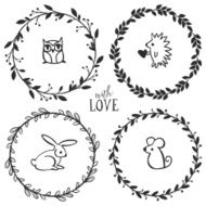 Hand drawn rustic vintage wreaths with lettering and animals