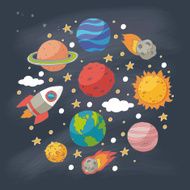 Doodle planets and the sun on blackboard