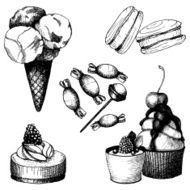 Vector set of vintage sweet cake and candies