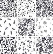 Nine Nature Black and White Seamless Patterns Set