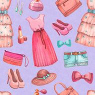 Seamless pattern with watercolor dresses and accessories N2