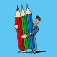 Cartoon Man Holding Three Colored Pencils