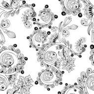 Ornamental black and white seamless pattern with flowers doodles cucumbers