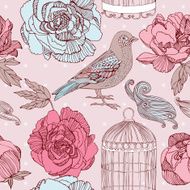 Bird and blooming flowers on a yellow background