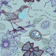 vector seamless pattern with flowers and birds