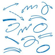 set of blue hand drawn arrows signs and highlighting elements N3